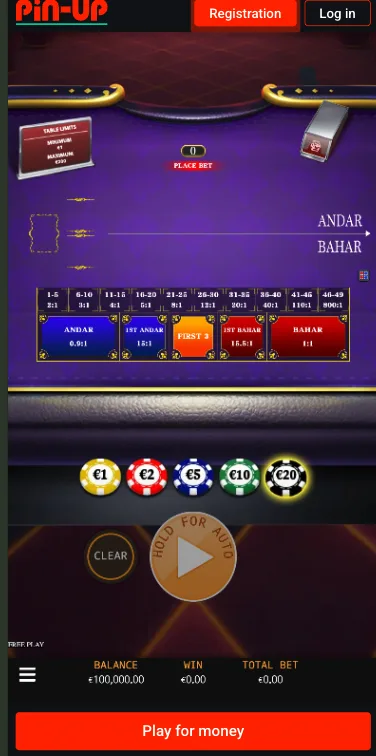 Pin Up Andar Bahar mobile table with live betting controls visible in portrait mode