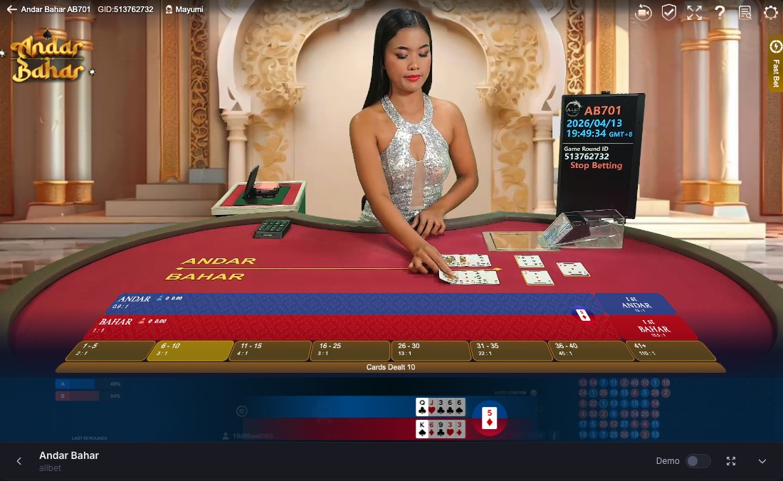 Pin Up Andar Bahar live table with cards being placed and betting areas visible