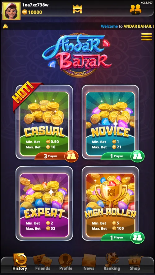Pin Up Andar Bahar mobile room selection screen with casual novice expert and high-roller rooms