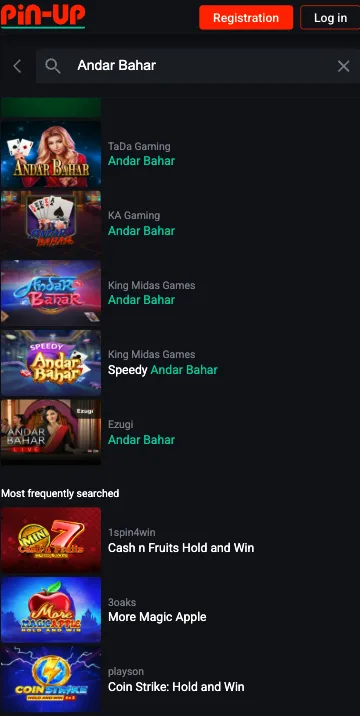 Pin Up mobile search results showing multiple Andar Bahar variants from TaDa, KA Gaming, King Midas, and Ezugi