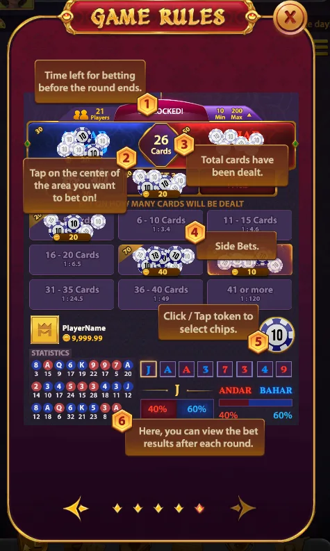 Andar Bahar annotated betting layout showing where to place chips and where results appear