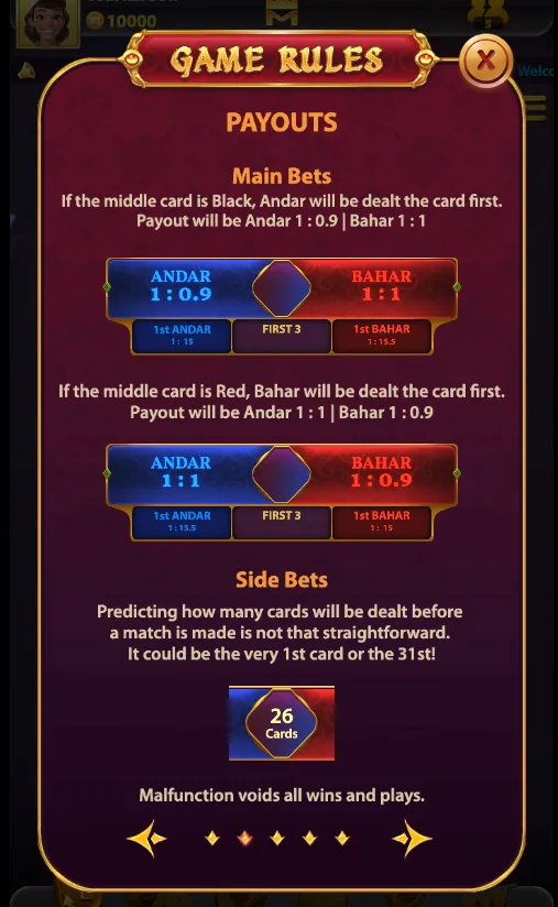 Andar Bahar mobile game rules panel showing main-bet payouts and side-bet explanation